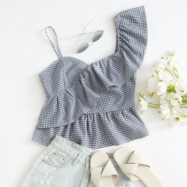 

Asymmetrical Neck Ruffle Gingham Top, Blue and white