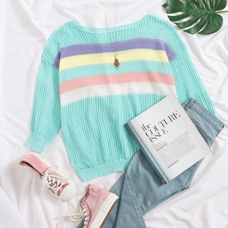

Drop Shoulder Striped Rib-knit Sweater, Mint green