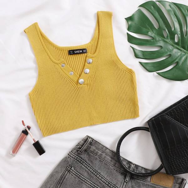 

Half Button Rib-knit Crop Top, Mustard yellow