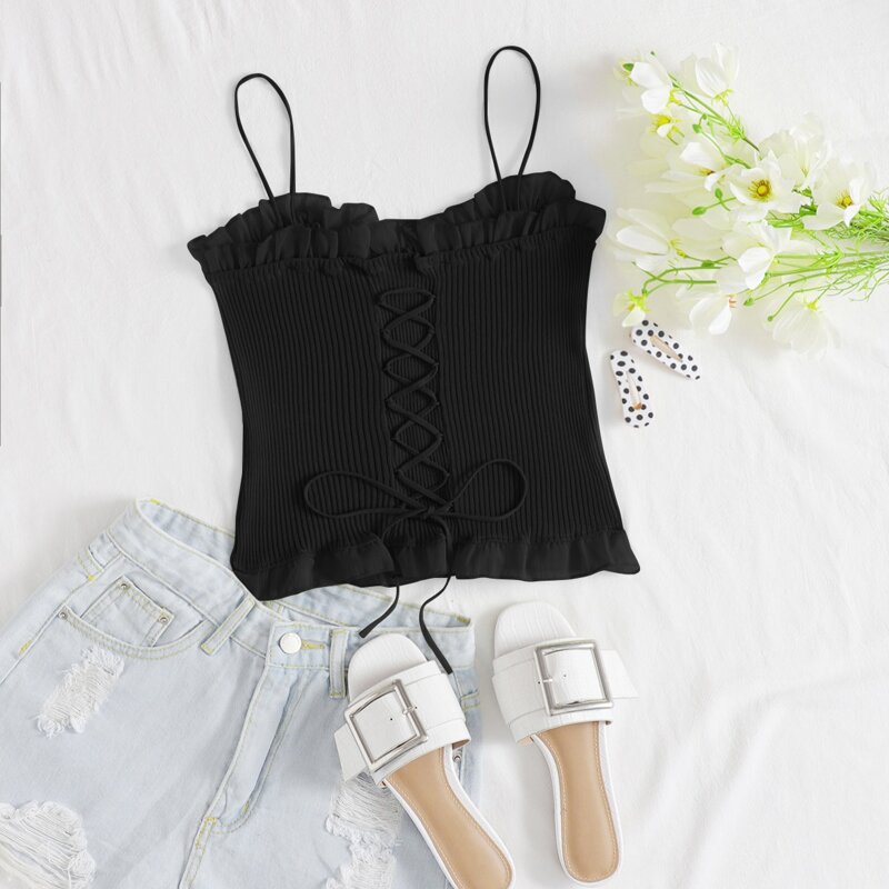 

Frill Trim Lace Up Rib-knit Cami Top, Black