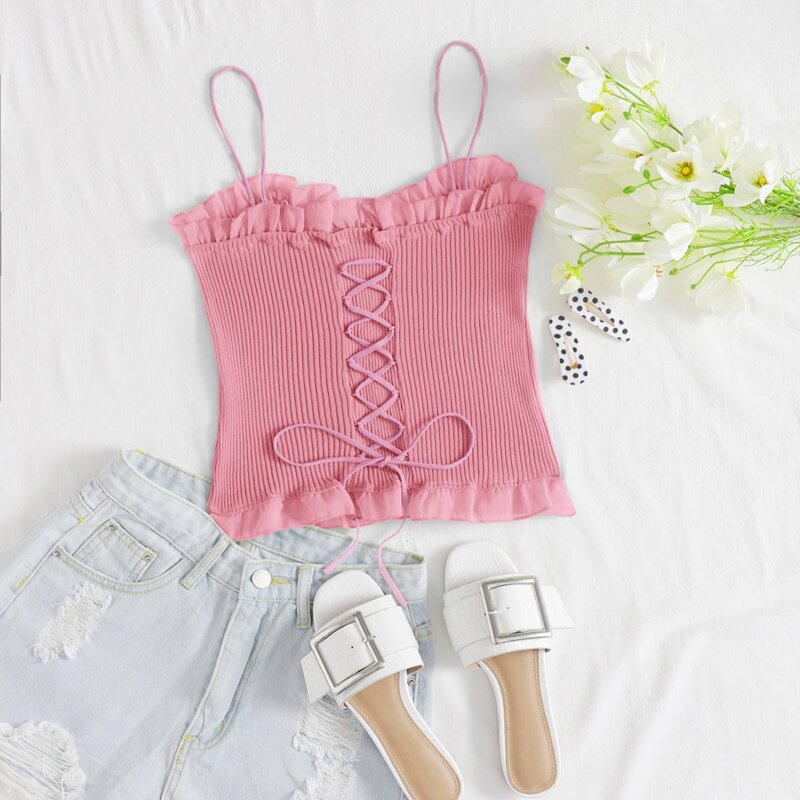 

Frill Trim Lace Up Rib-knit Cami Top, Pink