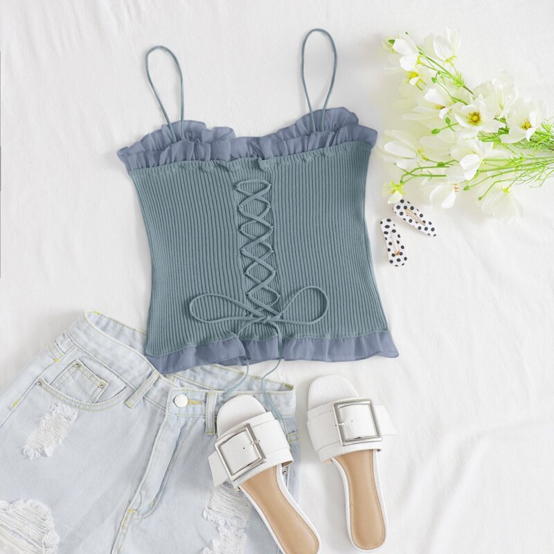 

Frill Trim Lace Up Rib-knit Cami Top, Dusty blue