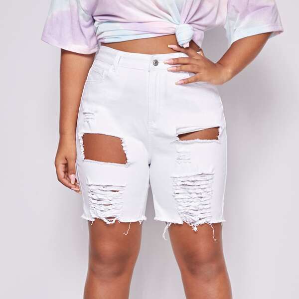 

Plus Raw Hem Ripped Denim Shorts, White