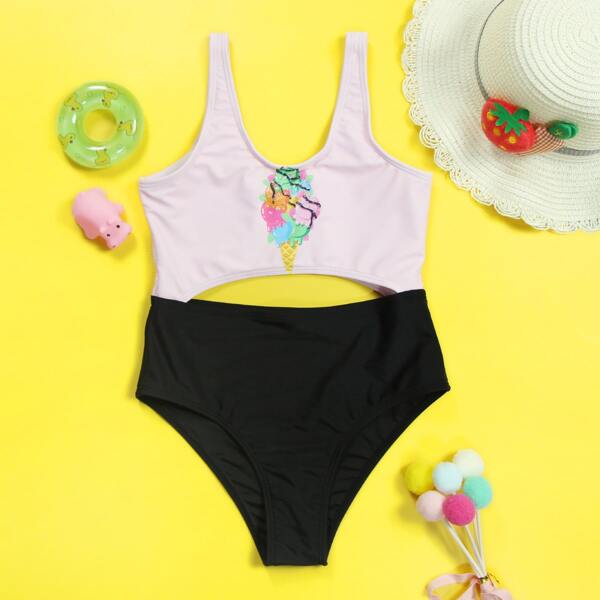 

Girls Graphic Print Cut-out One Piece Swimsuit, Multicolor