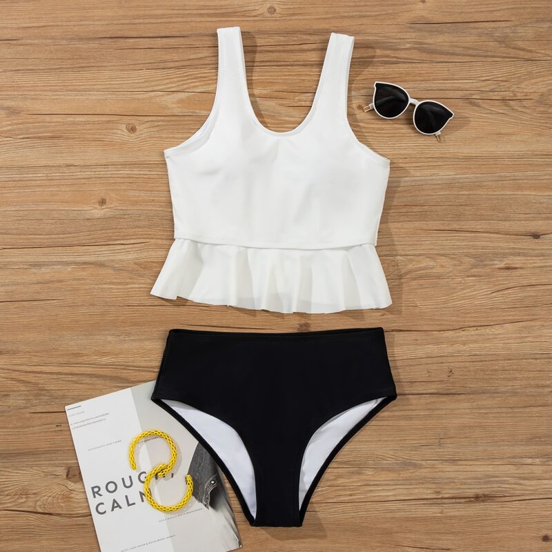 

Color Block Ruffle Hem Bikini Swimsuit, Black and white