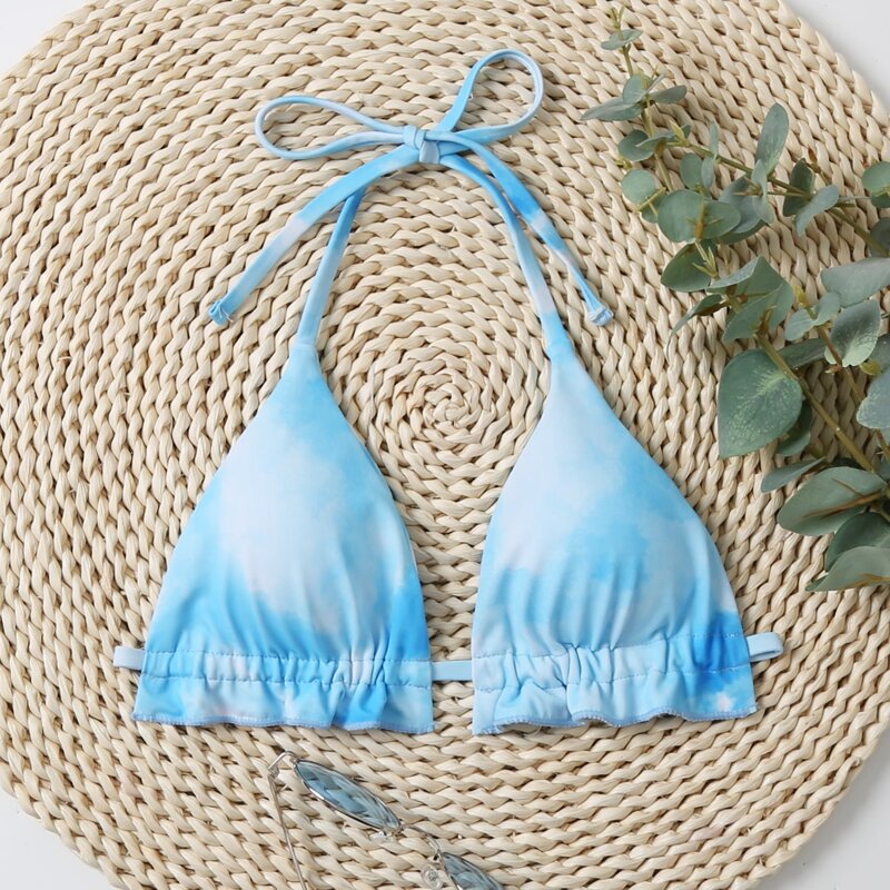 

Tie Dye Halter Triangle Bikini Top, Pastel baby blue