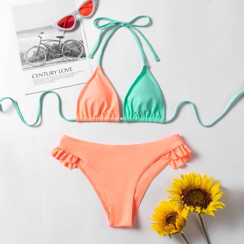 

Color Block Frill Triangle Bikini Swimsuit, Multicolor