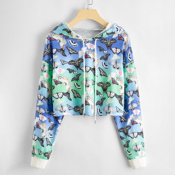 

Butterfly Print Crop Hooded Sweatshirt, Multicolor