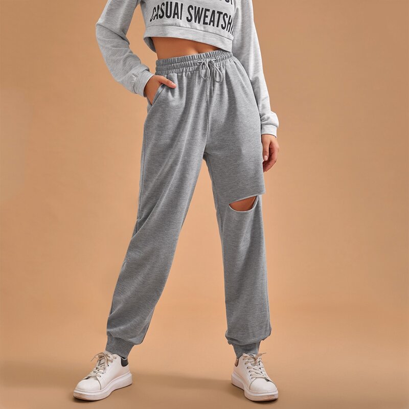

Ripped Drawstring Waist Lounge Pants, Grey