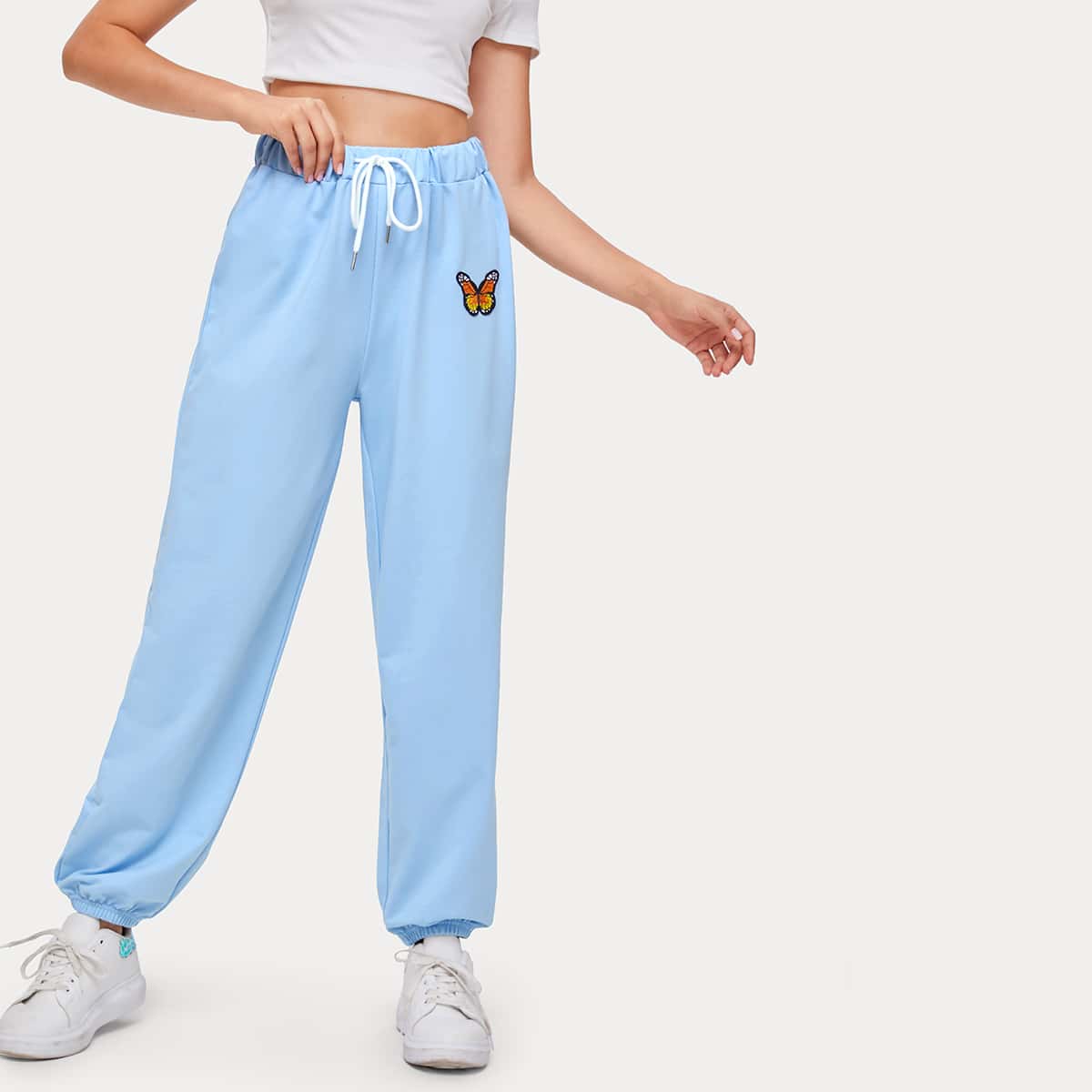

Butterfly Embroidery Drawstring Joggers, Baby blue