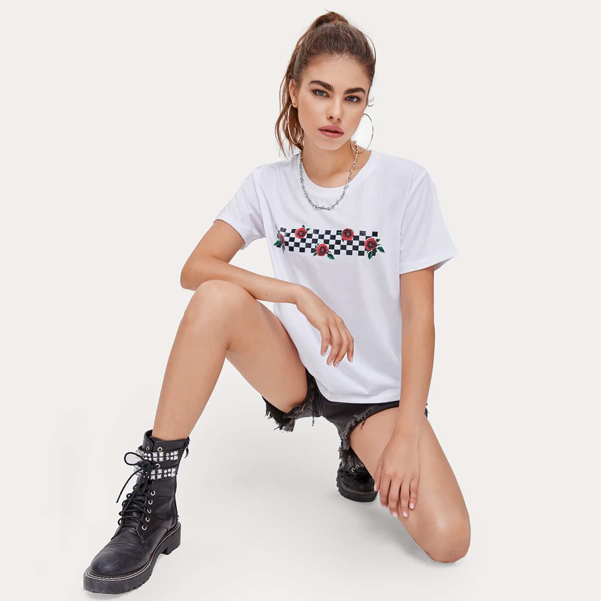

Rose & Checkered Graphic Tee, White