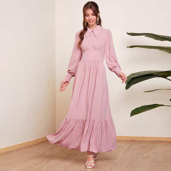 

Peter-pan-collar Wide Waistband Flounce Hem Shirt Dress, Dusty pink