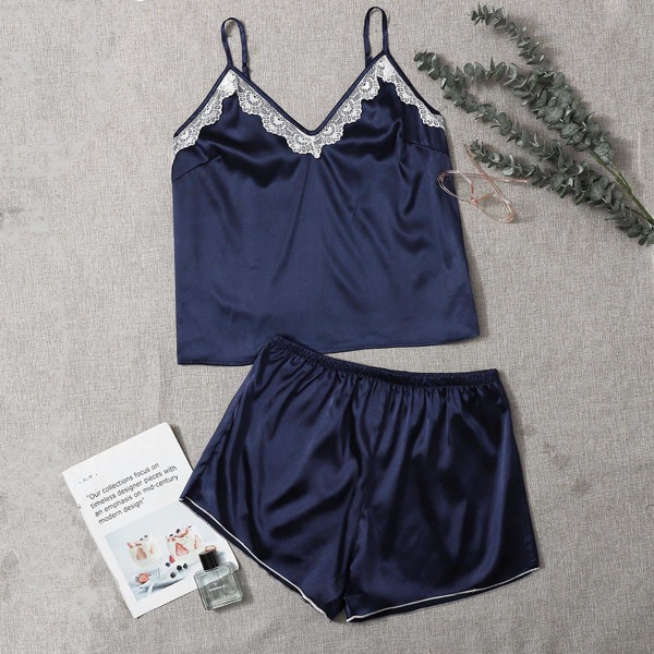 

Plus Lace Trim Satin Pajama Set, Navy blue