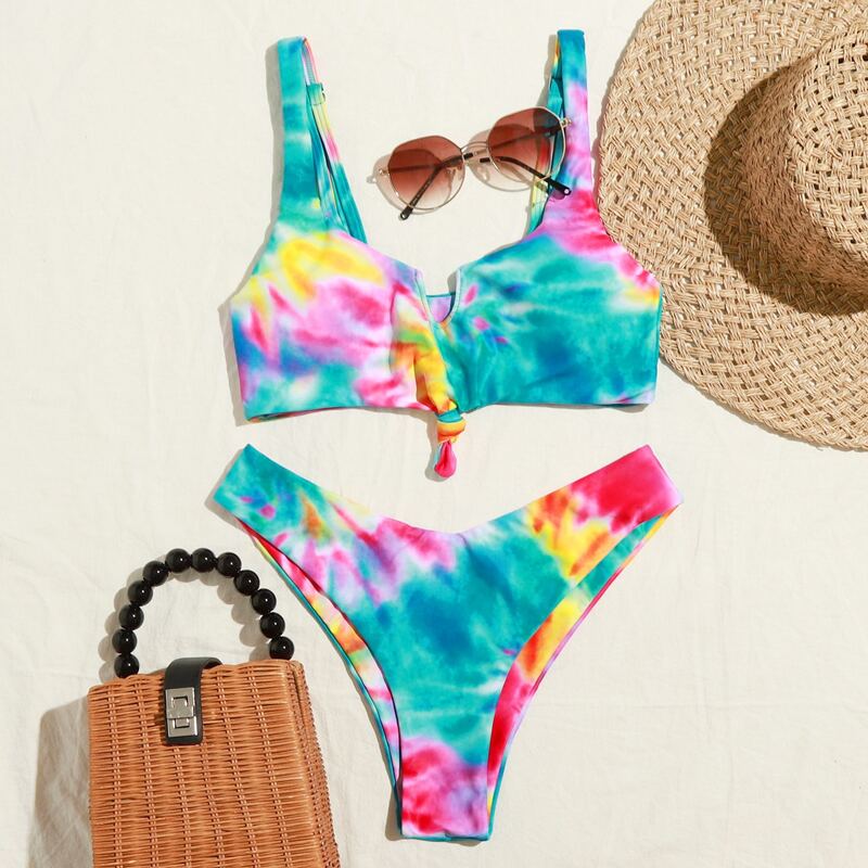 

Tie Dye Knot Hem High Leg Bikini Swimsuit, Multicolor