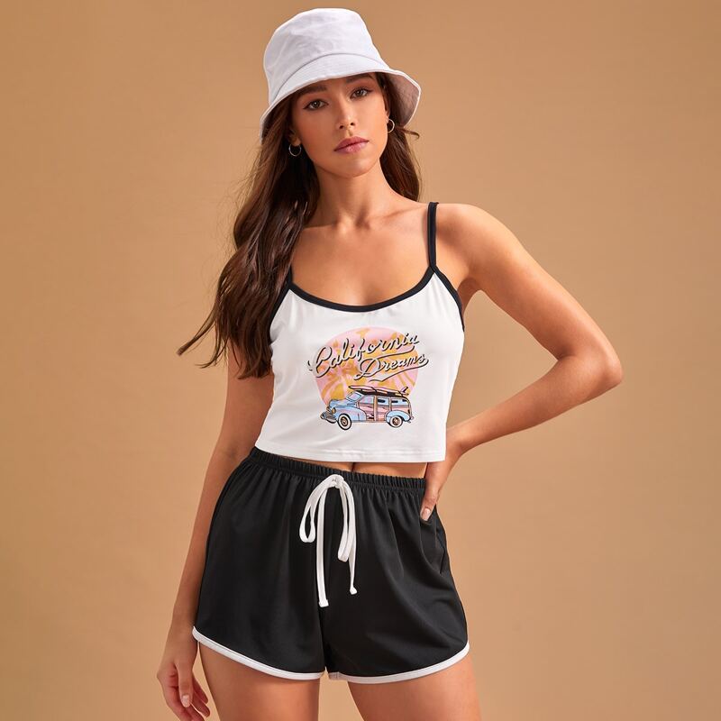 

Letter Graphic Contrast Binding Cami Top & Shorts PJ Set, Black and white