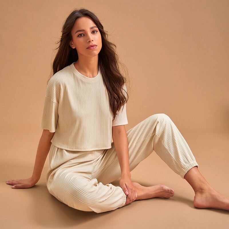 

Drop Shoulder Crop Tee & Pants PJ Set, Beige