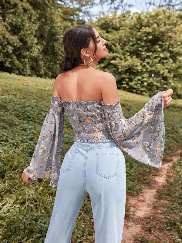 shirred ruffle hem bardot top