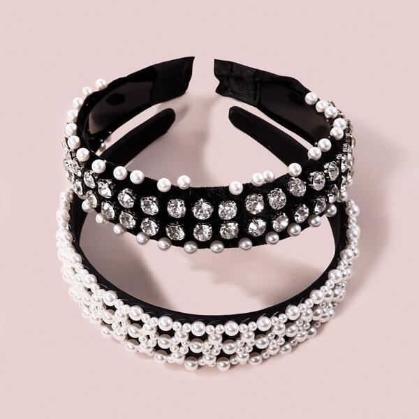 

2pcs Faux Pearl Rhinestone Decor Hair Hoop, Black and white