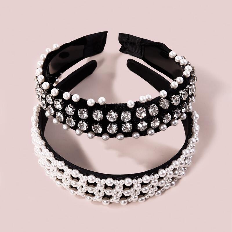 

2pcs Faux Pearl Rhinestone Decor Hair Hoop, Black and white