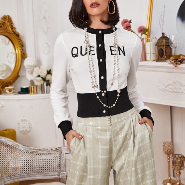 

Color Block Embroidered Letter Cardigan, White
