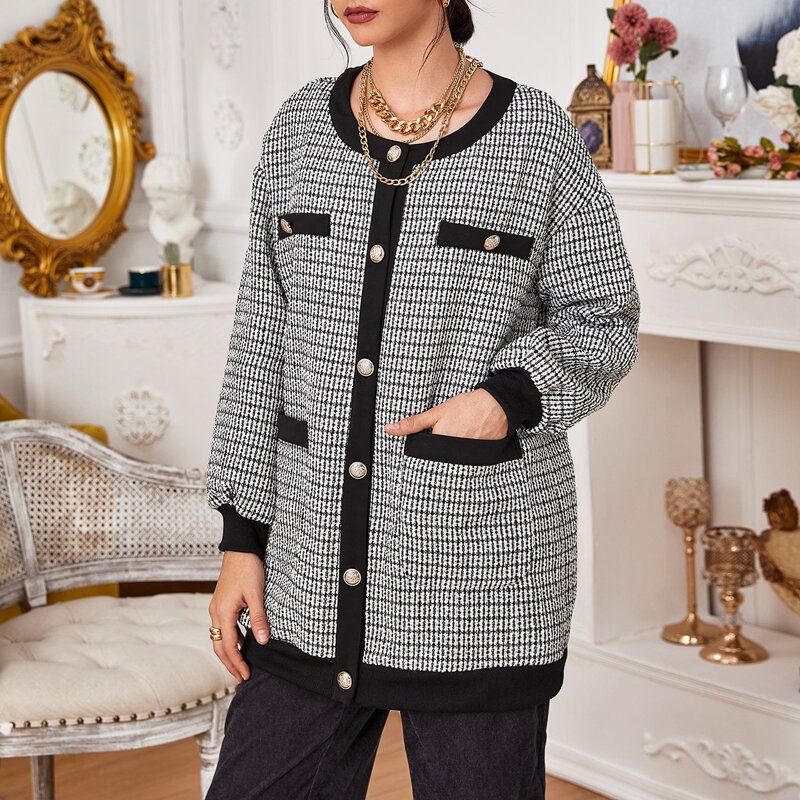 

Button Front Drop Shoulder Tweed Coat, Black and white