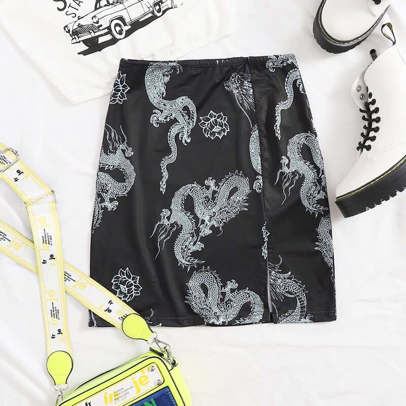 

Chinese Dragon Print Skirt, Black