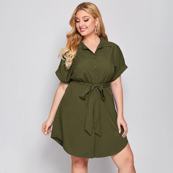 

Plus Rolled Cuff Dolman Sleeve Curved Hem Shirt Dress, Army green