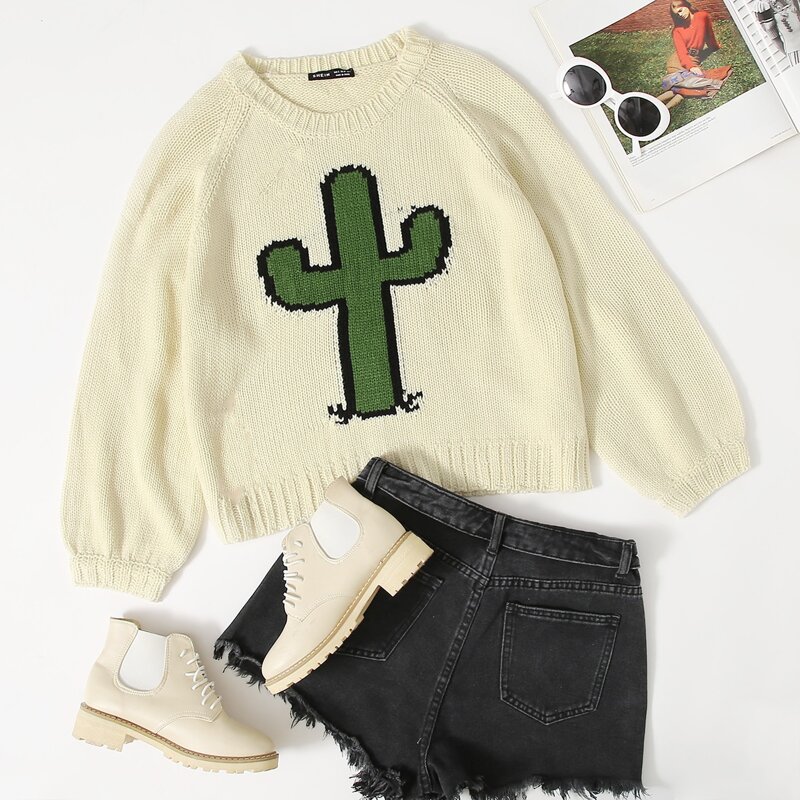 

Raglan Sleeve Cactus Sweater, Beige