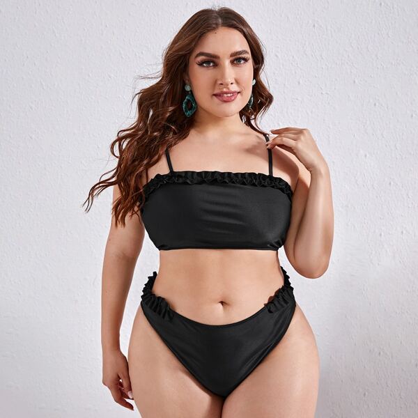 

Plus Frill Trim High Waisted Bikini Swimsuit, Black