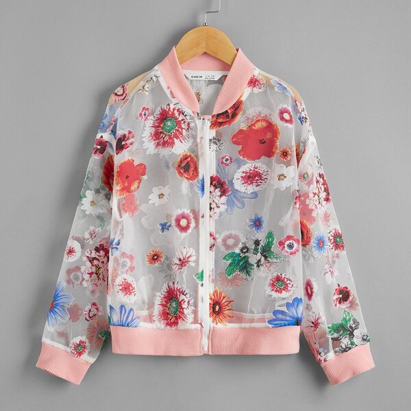 

Girls Zip Up Floral Organza Bomber Jacket, Multicolor
