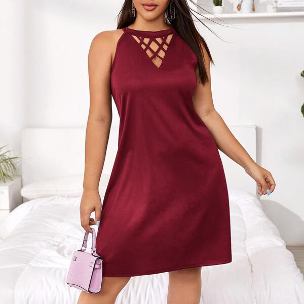 

Plus Hollow Out Front Halter Dress, Maroon