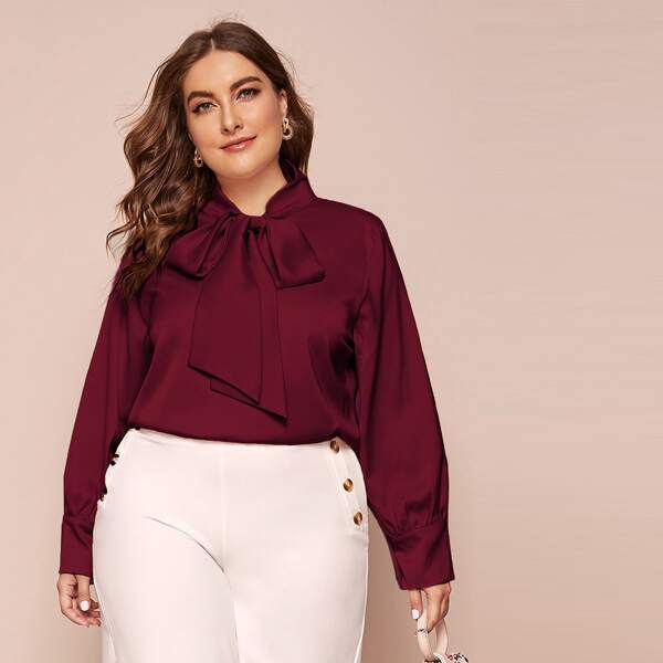 

Plus Tie Neck Solid Blouse, Burgundy