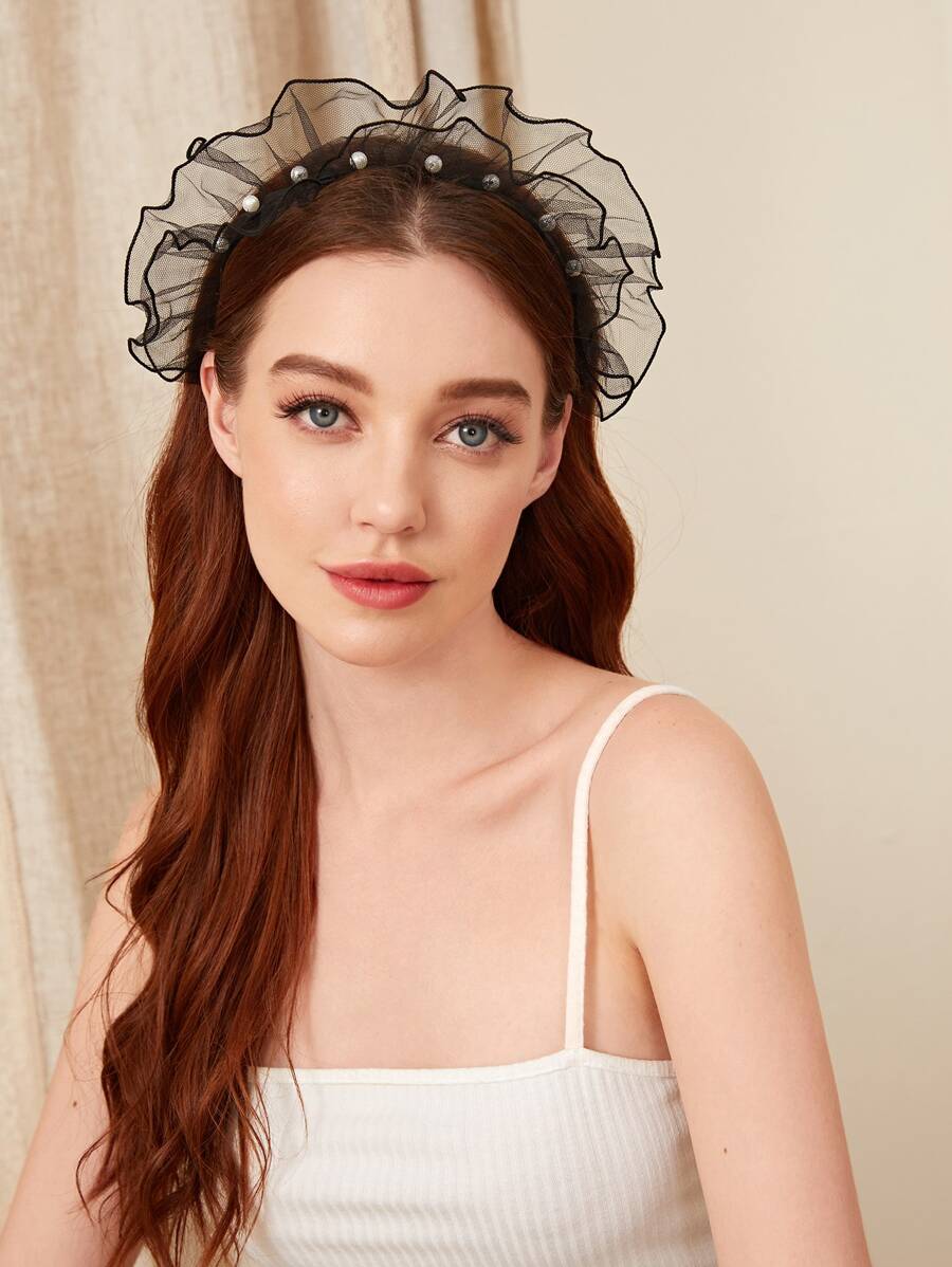 人造珍珠裝飾網紗面髮箍 - 黑色 - 查看 1