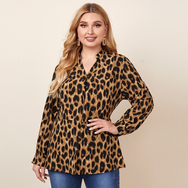 

Plus Leopard Print Button Up Blouse, Multicolor