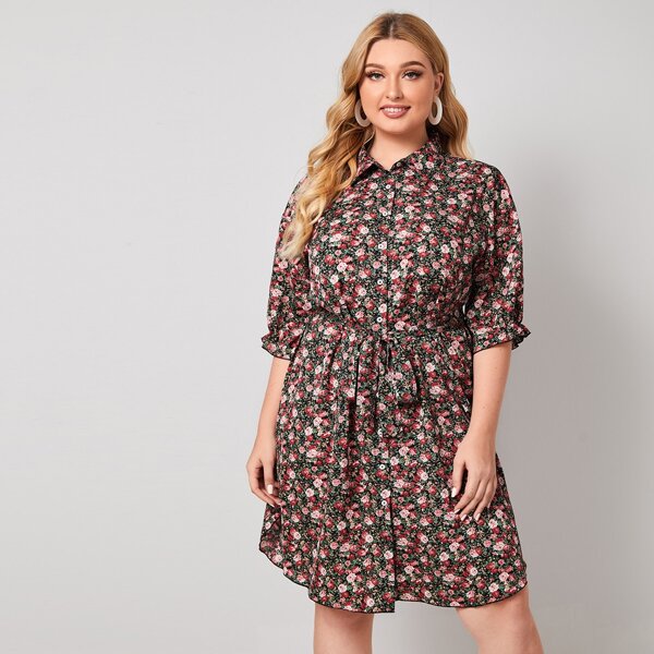 

Plus Ditsy Floral Print Belted Shirt Dress, Multicolor