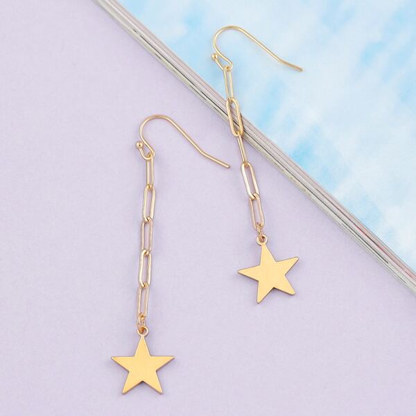 

1pair Chain Link Star Charm Dangling Earrings, Gold