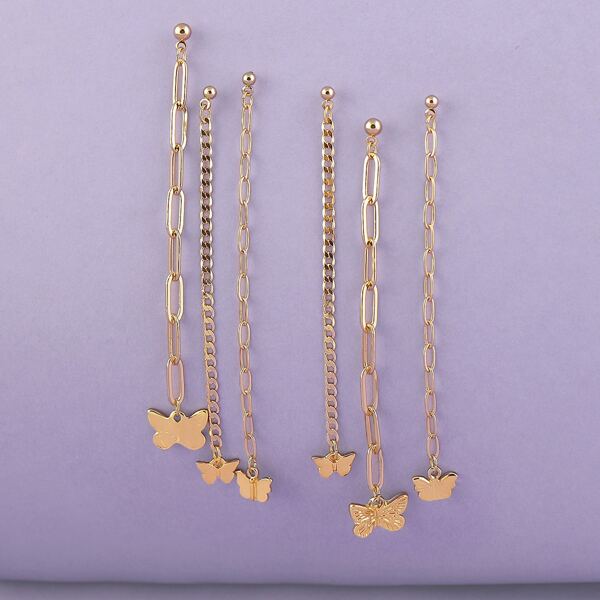 

3pairs Long Oval Chain Link Butterfly Earrings, Gold