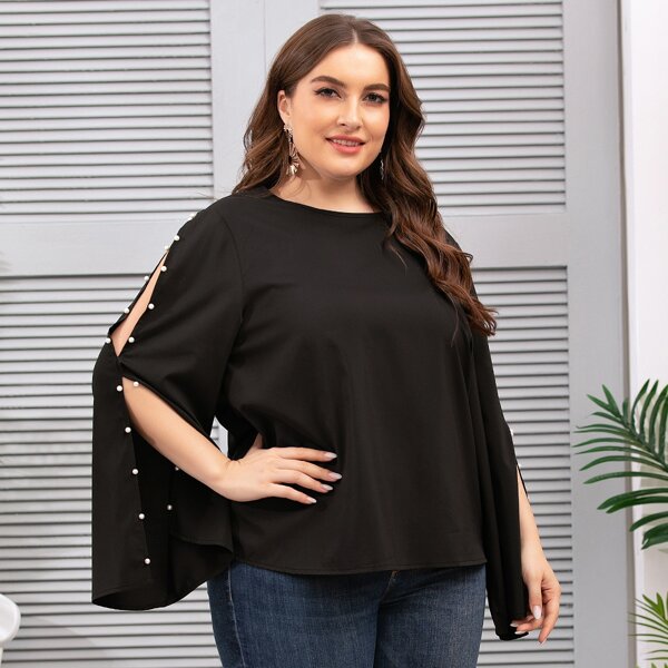 

Plus Pearls Beaded Split Sleeve Blouse, Black