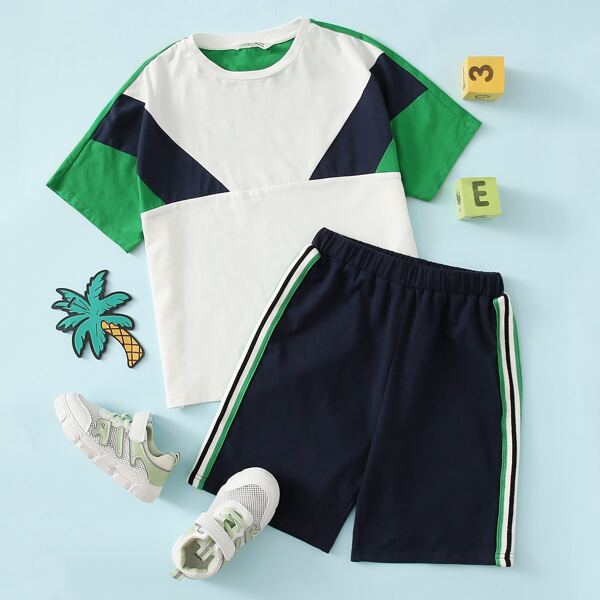 

Boys Colorblock Top & Striped Tape Side Shorts Set, Multicolor