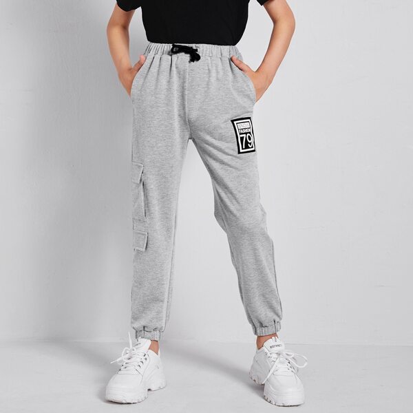 

Boys Letter Patched Flap Pocket Side Sweatpants, Light grey