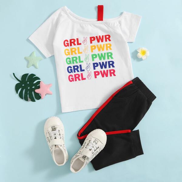 

Toddler Girls Asymmetrical Neck Letter Graphic Tee & Sweatpants, Black and white