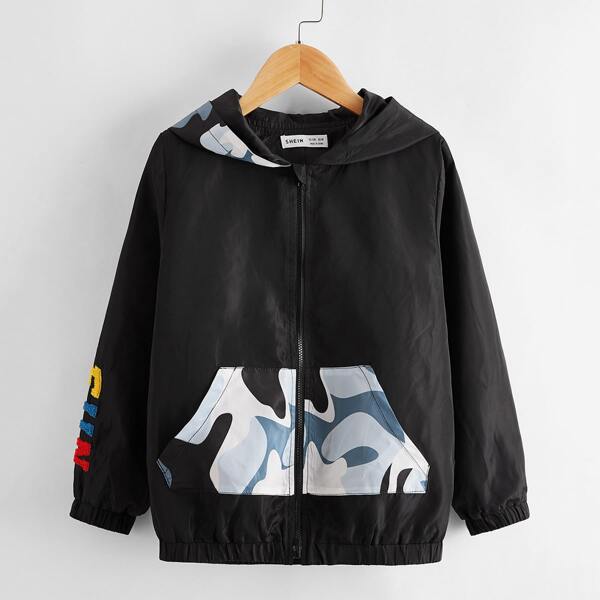 

Boys Fluffy Letter Patched Camo Panel Pocket Front Wind Jacket, Black