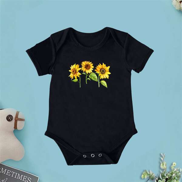

Baby Girl Sunflower Print Tee Bodysuit, Black