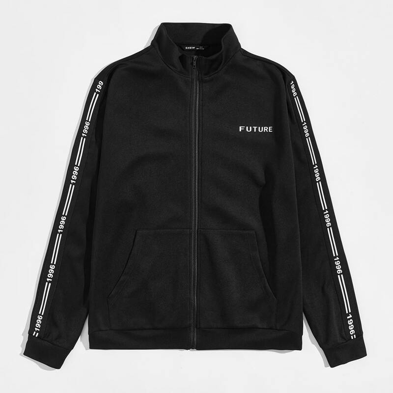 

Guys Zip Up Letter and Striped Tape Sleeve Pouch Pocket Jacket, Black