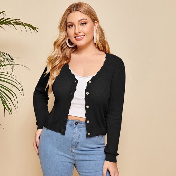 

Plus Solid Scallop Trim Button Up Cardigan, Black
