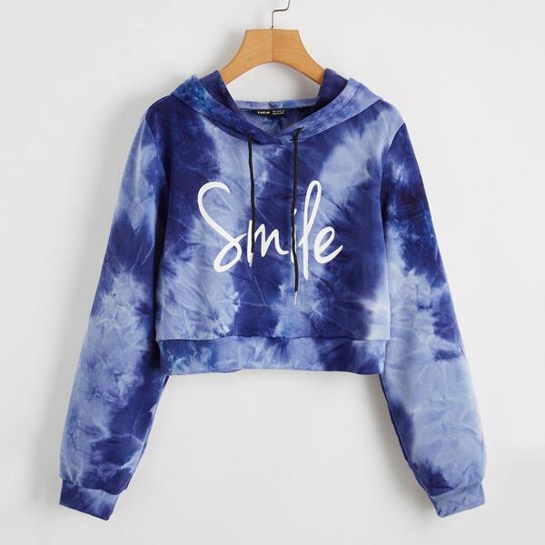 

Plus Tie Dye Letter Graphic Drawstring Hoodie, Blue