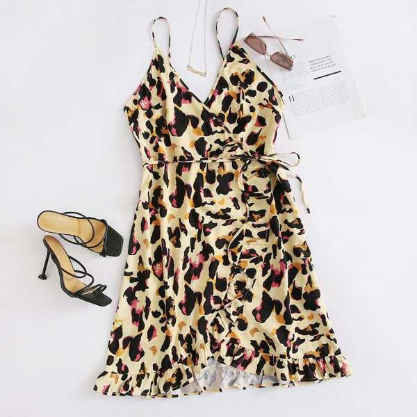 

Plus Allover Print Ruffle Trim Self Tie Cami Dress, Multicolor