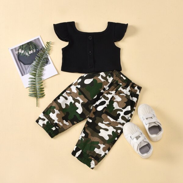 

Toddler Girls Rib-knit Button Front Tee & Camo Pants, Multicolor