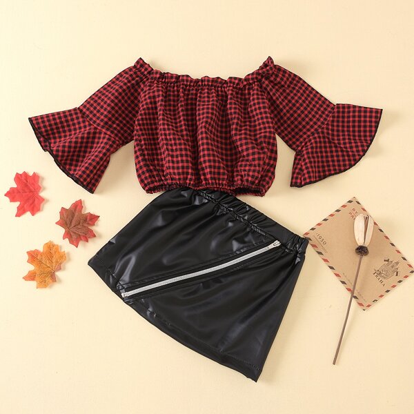 

Toddler Girls Flounce Sleeve Gingham Blouse & Skirt, Multicolor