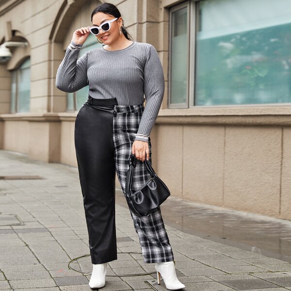 

Plus Mixed Media Plaid Pants, Black and white